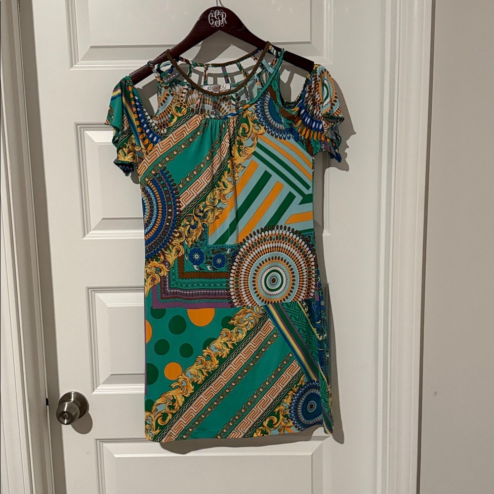 Boutique Dress Blue Green Gold Geometric Pattern Cold Shoulder Cutout Neck dress